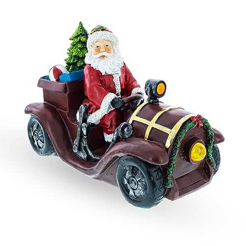 BestPysanky Santa Driving Classic Car with LED Lights Figurine 10.5 Inches Long