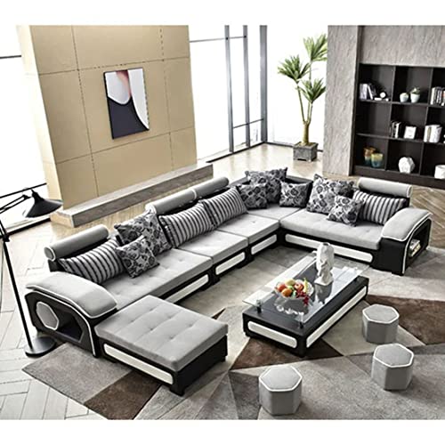 Image of Torque Silvester 12 Seater Sofa Set for Living Room (Silver) | Interchangeable U Shape Sectional Sofa | Solid Wood Frame & High-Density Supersoft Foam | Includes Puffy & Stool | Modern Home Furniture