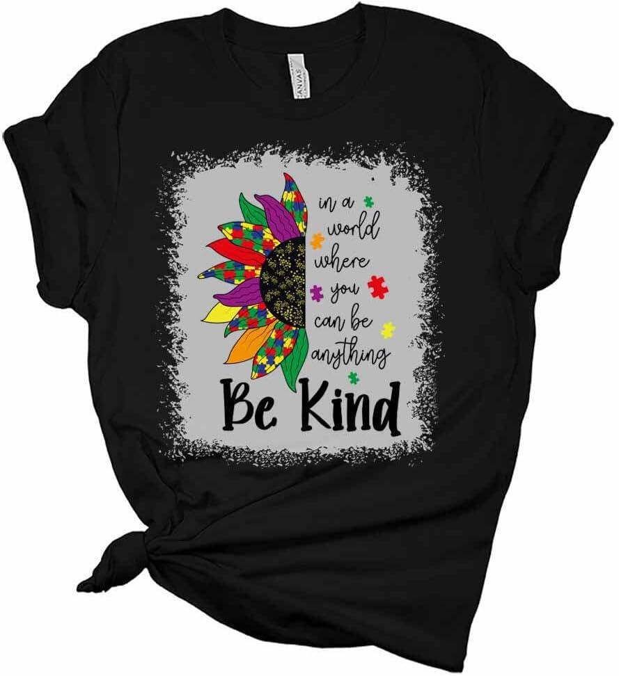 Womens Autism Awareness Shirt Cute Be Kind Sunflower T-Shirt Casual Graphic Tee Short Sleeve Top