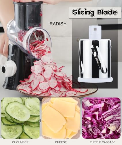 Ourokhome Rotary Cheese Grater Hand Crank, Kitchen Shredder Speed Mandolin Slicer Nuts Grinder with Handle and Drum Blades for Cheese, Vegetable, Walnut, Chocolate, Potato, Carrot, 3 Blades, Black