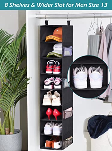 Sleeping Lamb 8 Shelves Hanging Shoe Organizer For Closet Wider Shoe Holder For Storage Men Sneakers, Clothes, Hats, With 8 Side Mesh Pockets, Black #TOP1
