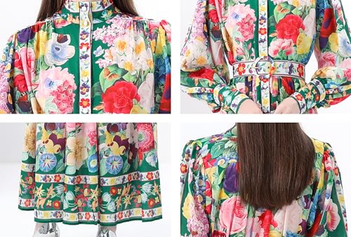 Image of LAI MENG FIVE CATS Women's Puff Sleeves High Collar Floral Print Button Front Loose Flowy Maxi Dress with Belt