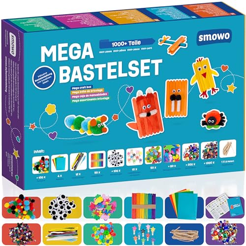 Smowo Mega Bastelset Starterset - Bastelbox Mix - mit kreativen Bastelideen - Bunte Bastelbedarf Box zum basteln für Mädchen und Jungs