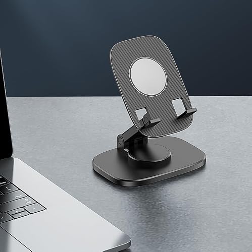 Phone Stand Phone Holder for Desk: Ajustable Angle Foldable Portable Cell Phone & iPad Tablet Mount with Large Stable 360 Degree Rotatable Base for Table (Black) - Thumbnail 2
