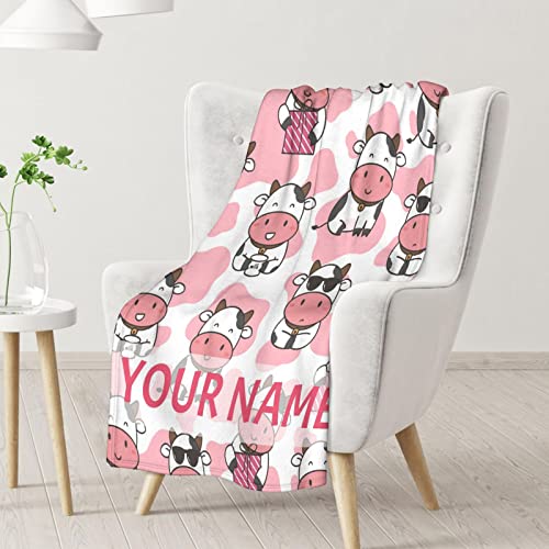 Personalized Cow Blanket Gifts with Name - 50"x60" Cute Throw for Women, Girls - Pink Soft Fuzzy Blankets for Bed, Couch & Living Room