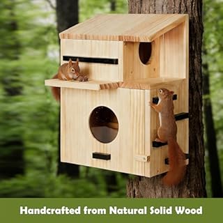 Large Wooden Squirrel House for Outside with Dual Balconies, Squirrel Nesting Box with Acrylic Observation Window, Lockable Front Panel, Easy to Install Squirrel Box for Backyard, Tree or Fence