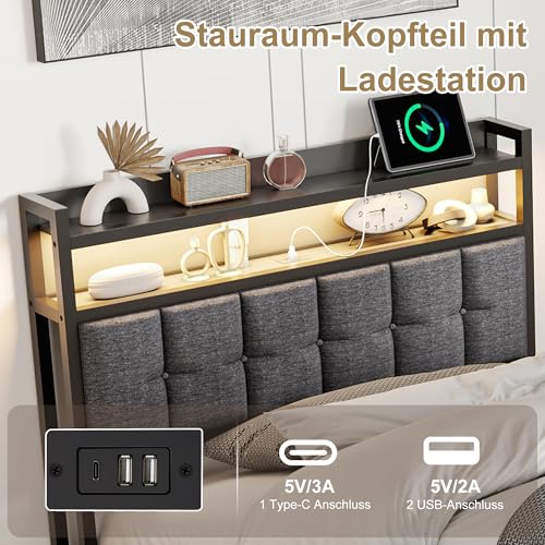 Polsterbett 90x200 cm, LED Einzelbett mit Staufach-Kopfteil und USB-Anschlüssen, Jugendbett 90x200 mit Hydraulischer Stauraum, Gästebett Funktionsbett Stauraumbett Bettgestell mit Lattenrost,Leinen – Bild 6