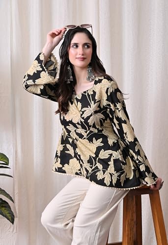 Image of MEERA FAB Women's Summer Floral Printed Cotton Short Kurta Bell Sleeves | Floral Printed Kurta | Short Kurti for Women