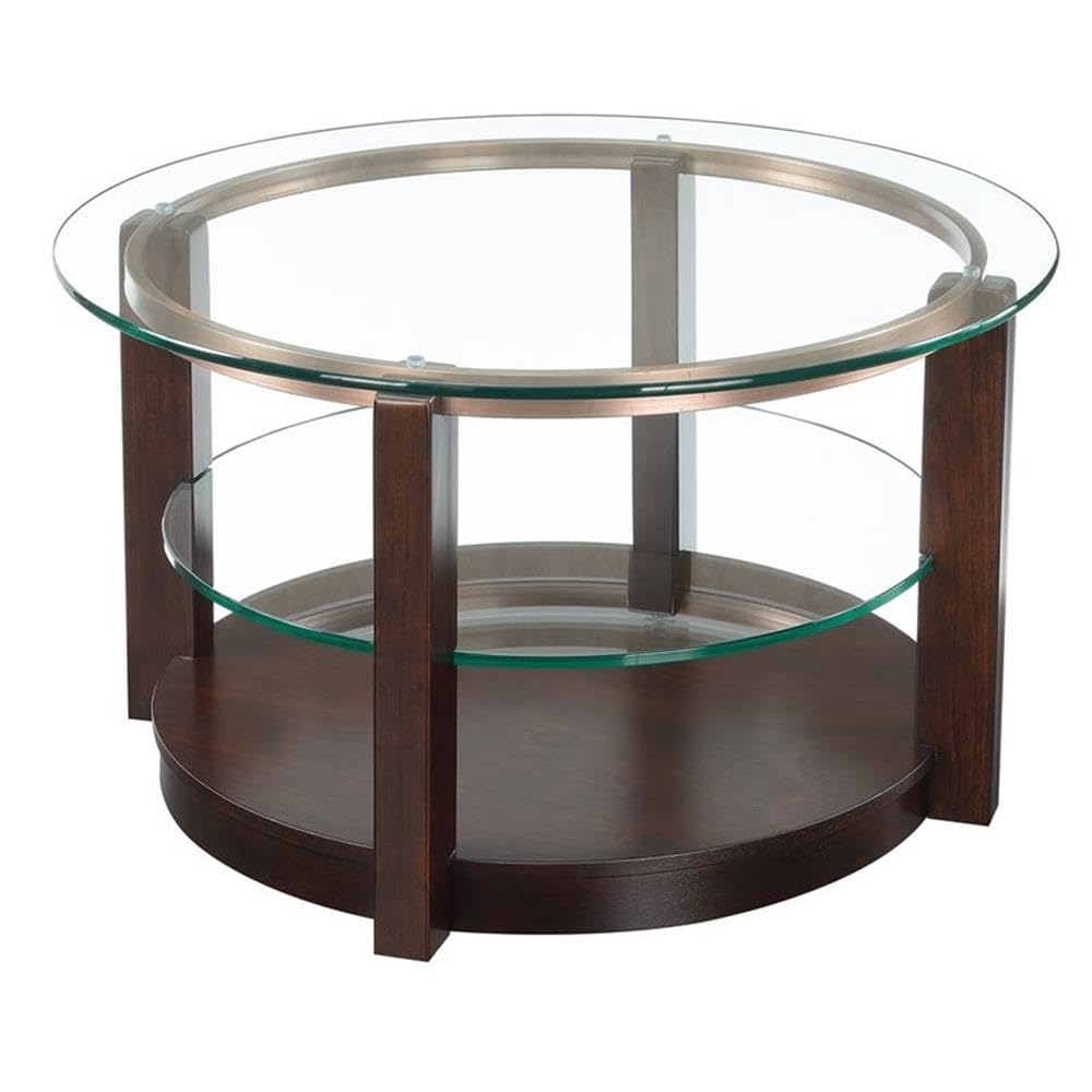 BOWERY HILL Contemporary Round Coffee Table 35 in Diameter Glass Top and Shelf Espresso Finish Straight Legs Removable