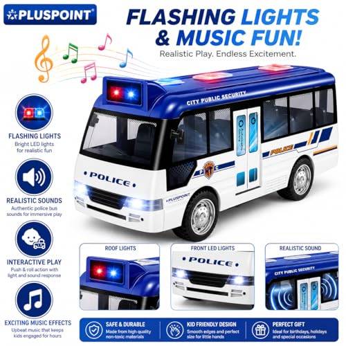Image of PLUSPOINT Police Bus for Kids Friction Toy with Lights Sounds Push and Go Rescue with Door Open Simulation Toy Vehicle for Kids SWAT Bus Pretend Play Cop Toy for Boy Girl Toddlers