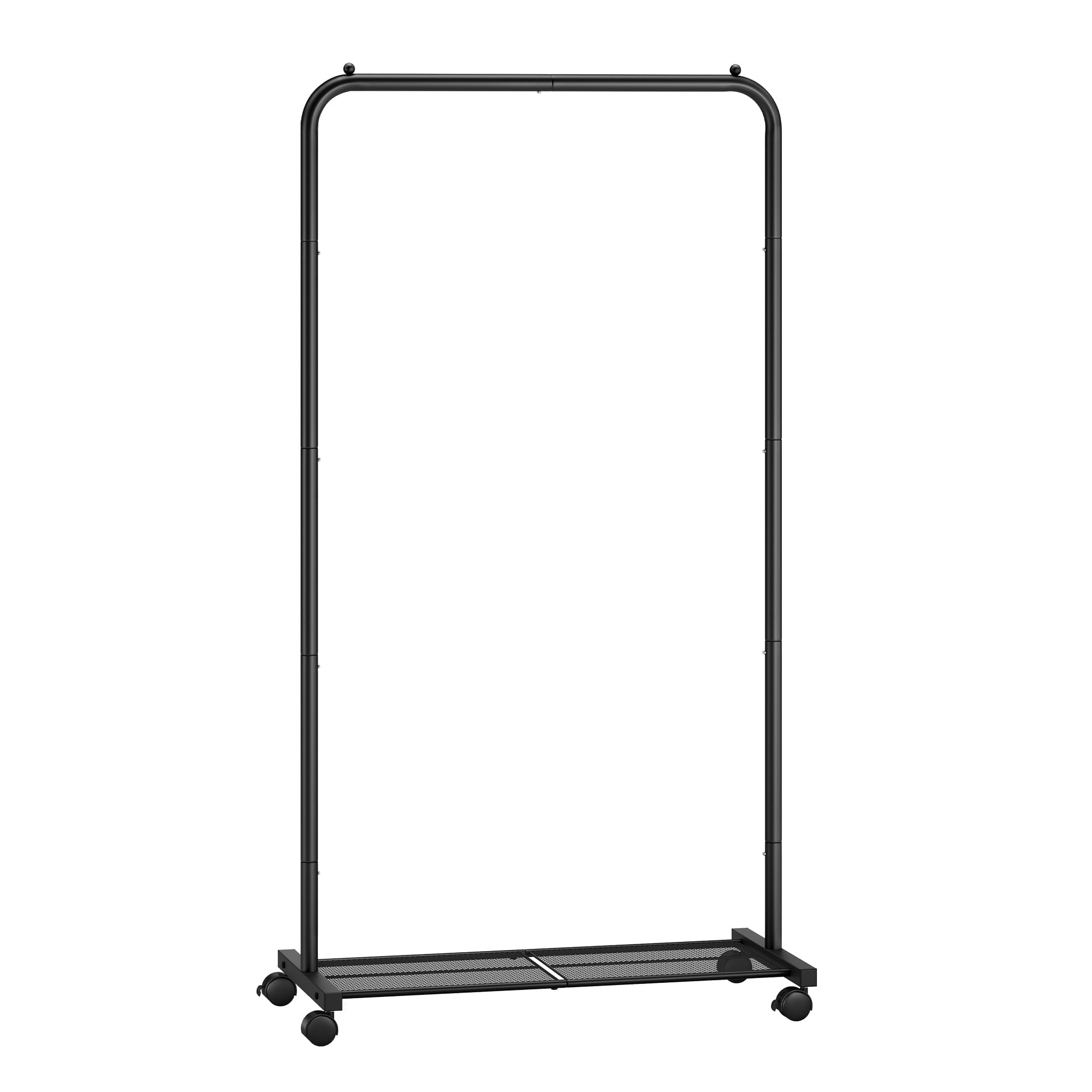 SONGMICS HSR130B01 wieszak na ubrania, drążek na ubrania, 74 cm szerokości, wieszak na kółkach z półką z kratki, obciążenie do 35 kg, 2 kółka z blokadą, rama stalowa, czarny HSR130B01
