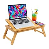 Relaxdays Laptop-Ständer, für 11,6-17,3 Zoll, höhenverstellbarer Laptophalter, Getränkehalter, Schublade, Bambus, Natur