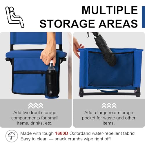 Image of Stadium Seats with Back Support for Bleachers, Folding Bleacher Chairs with Back and Cushion, Padded Seat with Shoulder Strap, Large Mesh Pocket & Carry Handle, Dark Blue, 2pcs