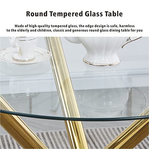 Round Glass Dining Table 35.43In Modern Kitchen Table With Golden Legs Up To 4 People #TOP1