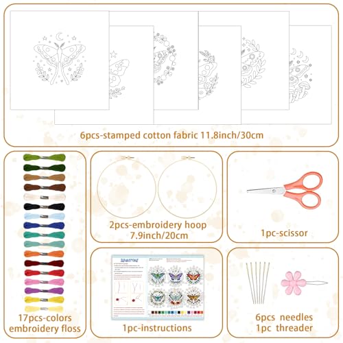 Image of BEUNITONE 6 Set Moth Embroidery Kit for Adults Beginners, DIY Needlepoint Craft Kits with Instructions and Hoops, Complete Starter Set for Adults, Handmade Embroidery for Gifts and Home Decor 20x20cm