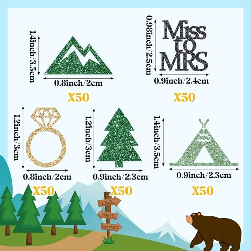 Image of BeYumi Camp Bachelorette Table Confetti - 300Pcs Camping Table Confetti Decorations Gold Glitter Diamond Ring Miss to Mrs Mountain Tent Paper Decor for Hiking Engagement Party Supplies