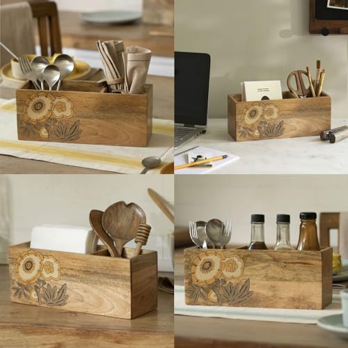 Image of Ellementry Fleur D'or Wooden Cutlery Holder, Fork Stand for Spoon, Knife & Chopstick | Utensil Organizer for Kitchen and Dining Table, Handcrafted Tableware Storage Box for Spoons