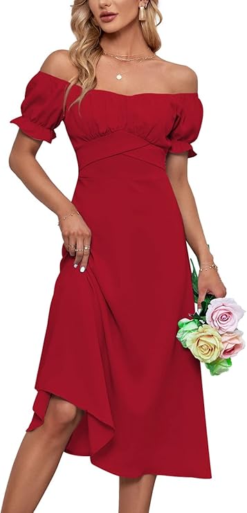 LYANER Women's Off Shoulder Wrap Ruffle Puff Short Sleeve Ruched Tie Back Dress