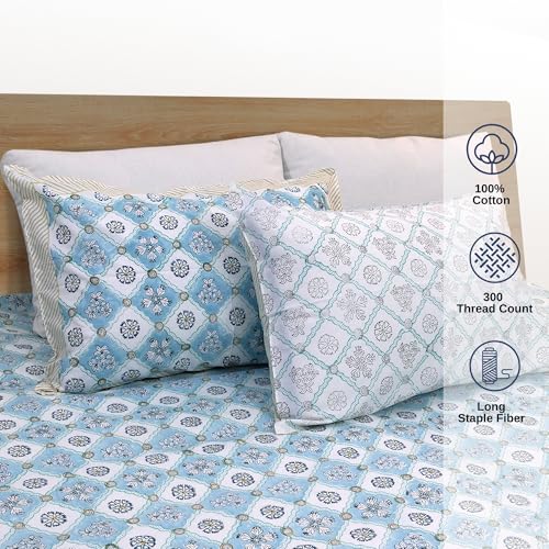 Image of TOAI Hand Block Printed Bedsheet | Bed Spread Flatsheet Bed Sheet | Pure Cotton | Double Bed King Size 108 inchx108 inch | 300 TC Long Staple Cotton | 2 Reversible Pillow Covers |Small Blue Jaal