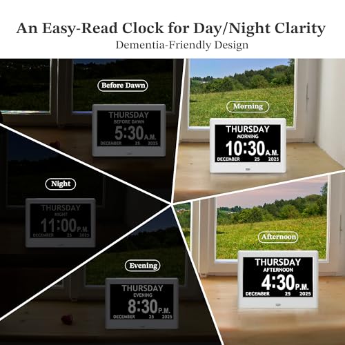 Image of 7'' Dementia Clock For Seniors, Large Display Digital Clock With Date, Time, Day Of Week for Elderly, Alzheimer, 1024*600P HD, 10 Reminders & 8 Alarms, Auto Dimming & DST, Remote Control, White