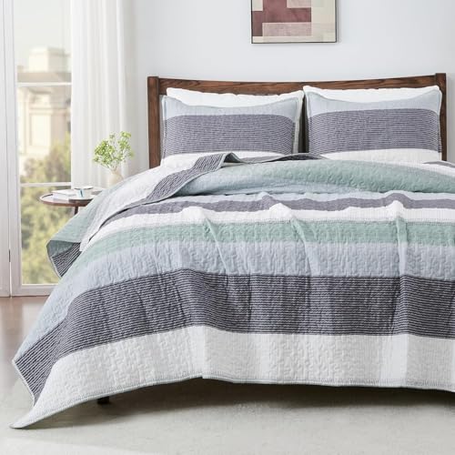 Image of Andency Oversized King Quilt Bedding Set, 120x98Inch Sage Green Stripe Bedspread Coverlet 3 Pieces, Soft Lightweight Mint Patchwork Quilted Bed Set for All Season (1 Quilt, 2 Pillowcases)