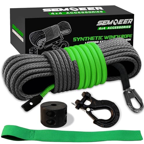 Synthetic Winch Rope Kit, 1/4' x 50ft 10000LBS Winch Rope with Protective Sleeve, Heavy Duty Hook, Rubber Stopper and Safety Pull Strap for ATV UTV Off Road Accessories, Black with Green Warning