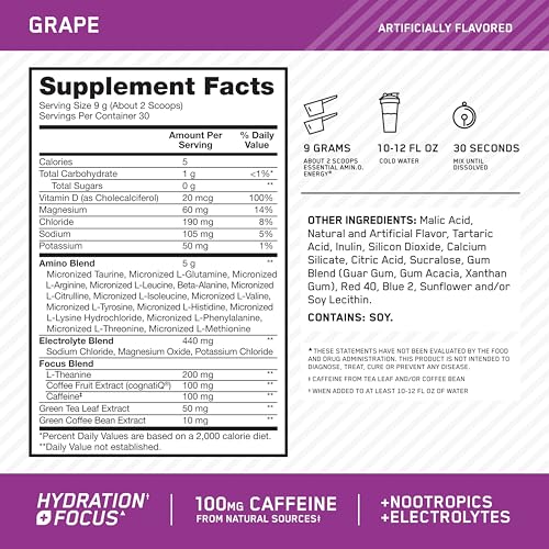 Image of Optimum Nutrition Amino Energy Powder Plus Focus, with BCAA, Electrolytes, and Caffeine, Grape, 30 Servings (Packaging May Vary)