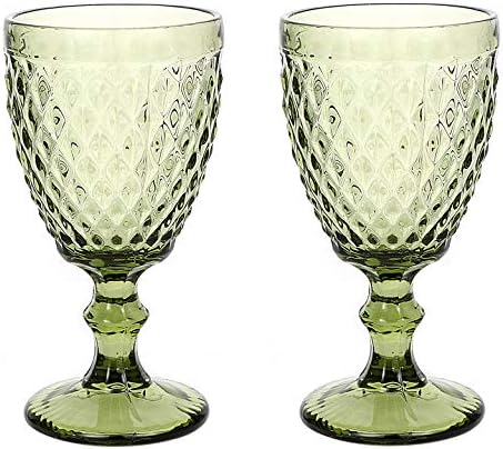 Wine glass, Colored Glass Goblet, 6oz/10oz Vintage Pattern Embossed High Clear Glass Goblets for Party, Wedding (Diamond/Green/Set of 2, 10oz)