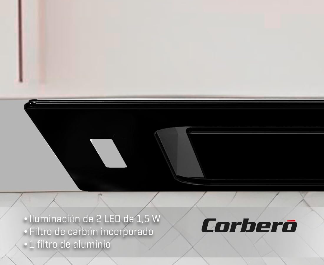 Corberó - Campana Extractora Grupo filtrante 52cm | MAURICIO5275B | 581 m3/h | 68db| 233W| Control Touch | 3 Velocidades | Luz LED | Filtros Aluminio y Carbón | Cristal Negro