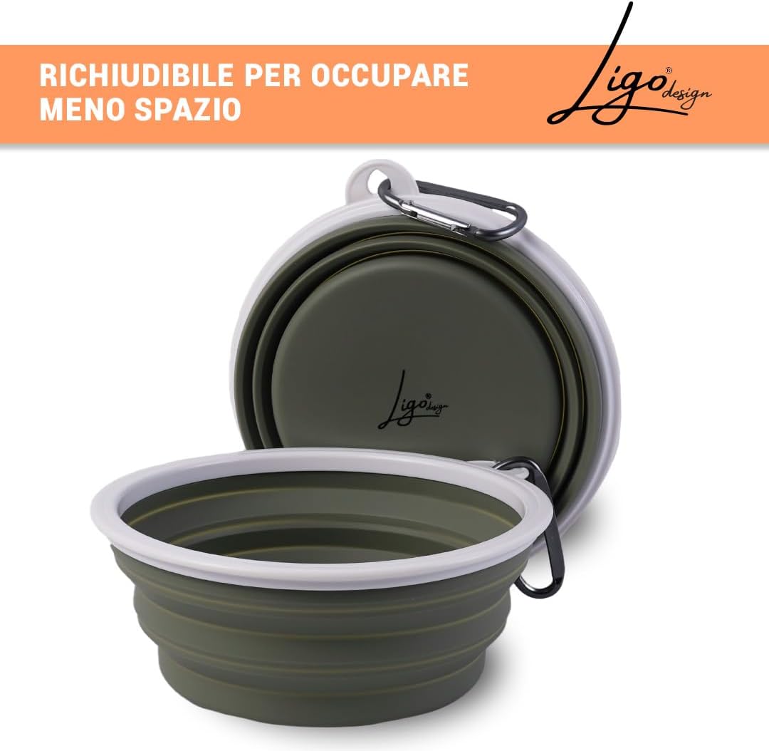 Ligo - EBBY 2PCS Dog Bowl, Travel Bowl, Portable Water and Food Bowl, Collapsible Bowl with Carabiner (OLIVE GREEN)
