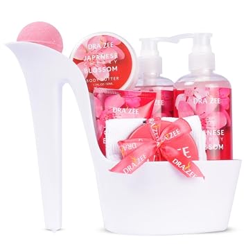 Draizee Heel Shoe Spa Gift Basket for Women, 8 Pc Cherry Blossom Scented
