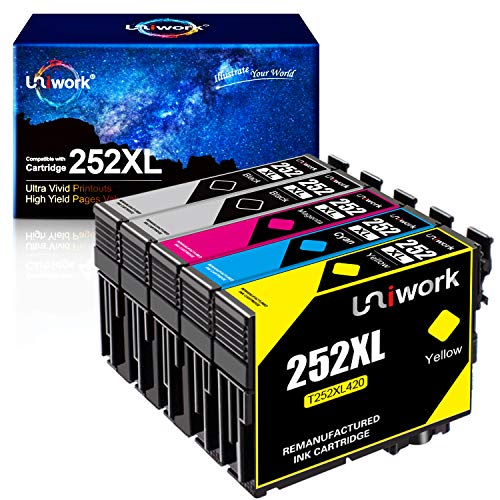 Uniwork Remanufactured Ink Cartridge Replacement for Epson 252 252XL T252XL use for Workforce Wf-3640 Wf-3620 Wf-7610 Wf-7620 Wf-7710 Wf-7720 Wf-7210 Wf-7110 (2 Black 1 Cyan 1 Magenta 1 Yellow) 5 Pack