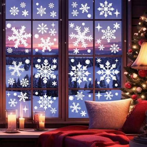 Image of 137pcs Christmas Snowflake Window Clings Decals, Realistic Extra Large White Crystal Snowflakes Stickers Decorations for Holiday Celebration Merry Christmas Party Winter Frozen Ornaments