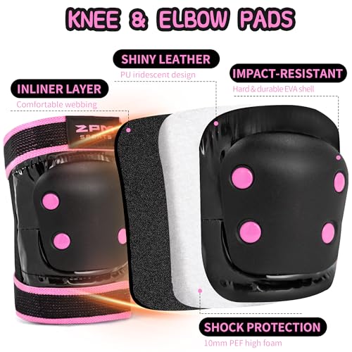 2PM SPORTS Knee Pads for Women, Wrist Guards Knee and Elbow Pads Set with Drawstring Bag, Protective Gear Set for Girls Kids Roller Skating Skateboard - Pink & Black Large