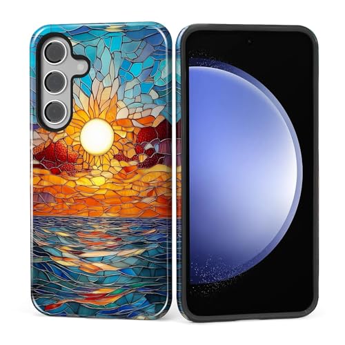 ZHEGAILIAN Case for Samsung Galaxy S26 Plus,Shockproof Hard Shell + Soft Silicone 2 in 1 Hybrid,Shockproof Bumper Drop Protective- Stained Glass Sunset Beachy