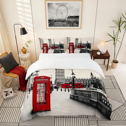 Homemissing Housse de Couette 140x200cm Moderne Rouge Gris Sets de Housse Couette Londres Parure de Lit Enfants décoration Vintage Cabine téléphonique Britannique Big...