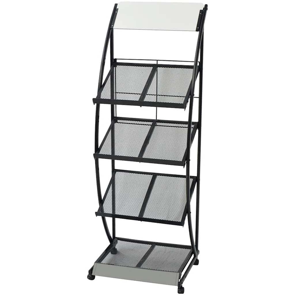 Stojak na czasopisma z 4 półkami, 47 x 40 x 134 cm, czarno-biały, uchwyt na broszury A4, stojak na broszury i katalog, mobilny segregator czasopism z rolkami do biura, salonu