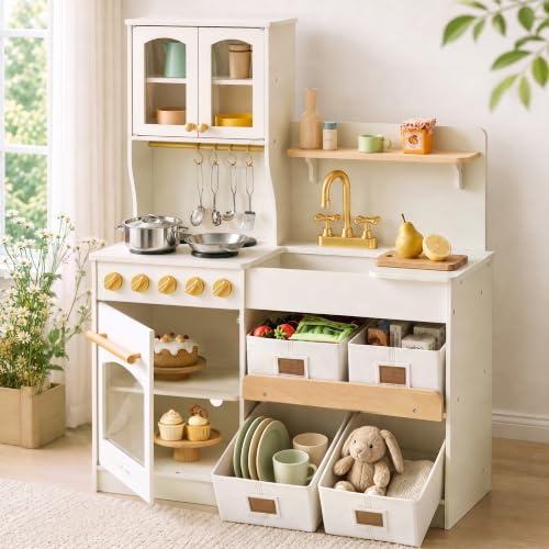 Image of Tiny Land Wooden Play Kitchen for Kids with Toy Storage for Pretend Play | Built-In Cabinets, Felt Bins & Cookware Accessories Make Cleanup Easy While Encouraging Organizational Skills