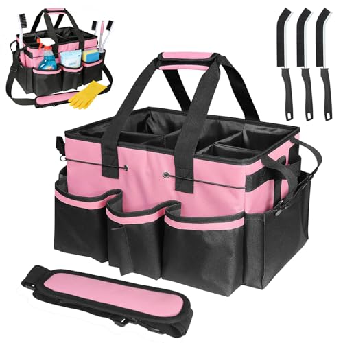 Professional Cleaning Caddy with Handle & 3 Cleaning Brushes Large Multi-Compartment Cleaning Caddy Bag with Removable Dividers & Shoulder Strap for Housekeepers Janitors Commercial Cleaning