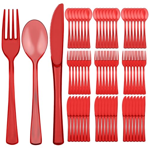 75 PCS Plastic Silverware Disposable Silverware Heavy Duty Utensil Sets 25 Of Each Forks Knives & Spoons Disposable Cutlery Set For Easter Birthday Baby Shower Garden Party Wedding(75 Red)