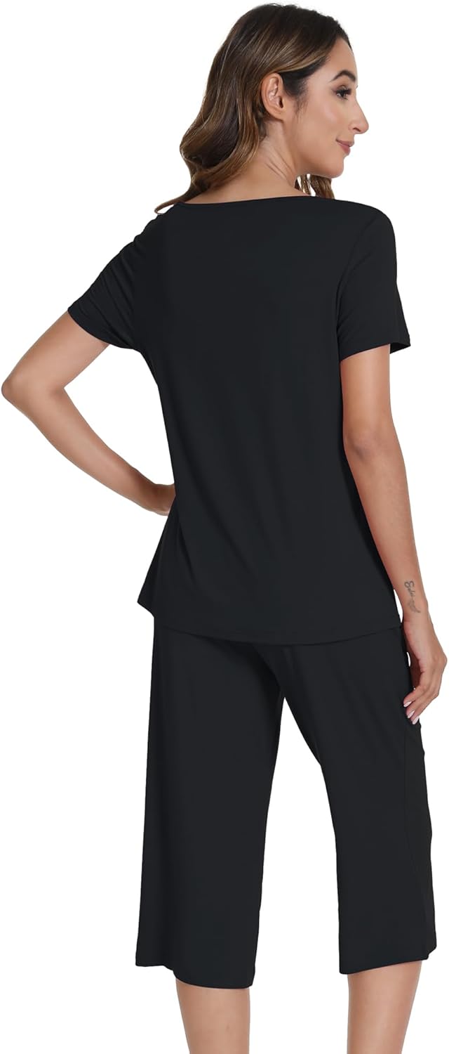 WiWi Pajamas for Women Soft Cooling Short Sleeve Sleepwear with Capri Pants Viscose from Bamboo Pjs Sets S-XXL - Image 2
