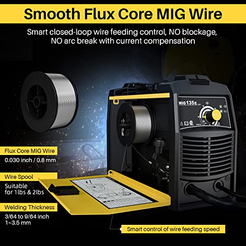 Troozy × Rilon Mig Welder 135E, Flux Core Welder Machine, 110V Igbt Inverter With Inner Wire Feeder, Portable Gasless Welding Kit 100A Dc, Yellow, Small #TOP3
