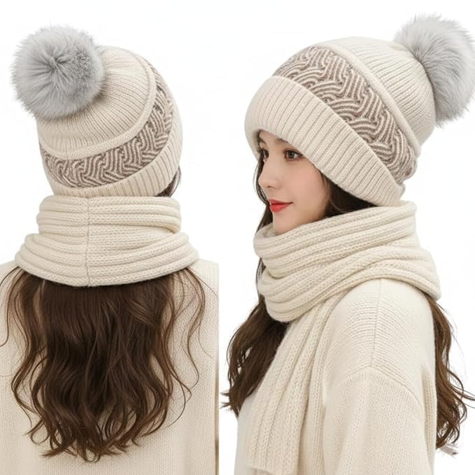 Winter Knit Hat and Scarf Set, Pom Pom Beanie with Matching Scarf, Multiple Colors Available