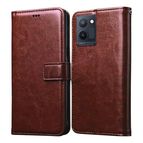 Image of Vintage Magnatic Closer Matte Leather Flip Cover for Compatible Model with Vivo V2356 / Y18 / iQOO Z9 Lite - Tan Brown