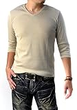 [FLAG ON CREW] (フラグオンクルー) Vネック 7分袖 Tシャツ メンズ カットソー ストレッチフライス / E1C / L beige・ベージュ