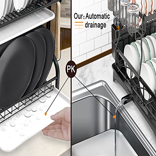 Dish Drying Rack For Kitchen Counter, 2 Tier Large Kitchen Drying Rack With Drainboard, Anti-Rust Stainless Steel Dish Drainer With Utensil Holder Wine Glass Holder For Cup Bowl Plate #TOP4
