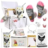 Kolewo4ever 10 Pieces Chicken Lady Gifts Set Chicken Stainless Tumbler Cosmetic Bag Chicken Kitchen Towel Keychain Earrings Socks Charm Bracelet Notepad for Women Lady Chicken Lovers
