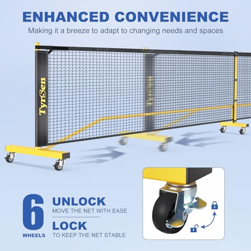 TYRSEN Pickleball Net Set - Pickleball Net on Wheels for Driveway Backyard, 22FT Regular Size, 4 Pickleball Paddles & 6 Balls, 12 Court Markers, 1 Carry Bag, Pickleball Set for Indoor Outdoor Play