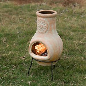 Outdoor Beige Clay Chiminea Outdoor Fireplace Sun Design Charcoal Burning Fire Pit with Sturdy Metal Stand Barbecue Cocktail Party Family Gathering Cozy Nights Fire Pit