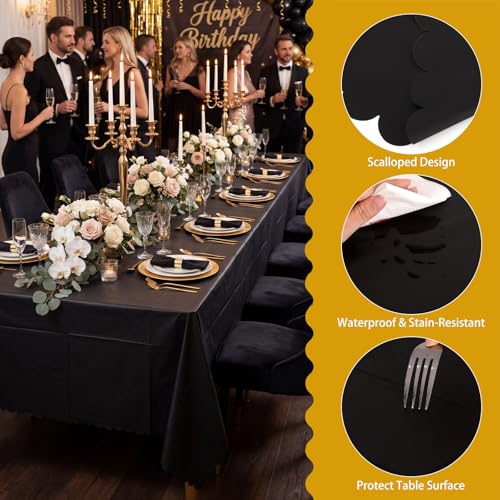 Image of NatNarr 3 Pack Black Tablecloth Plastic, Scalloped Halloween Table Cloths